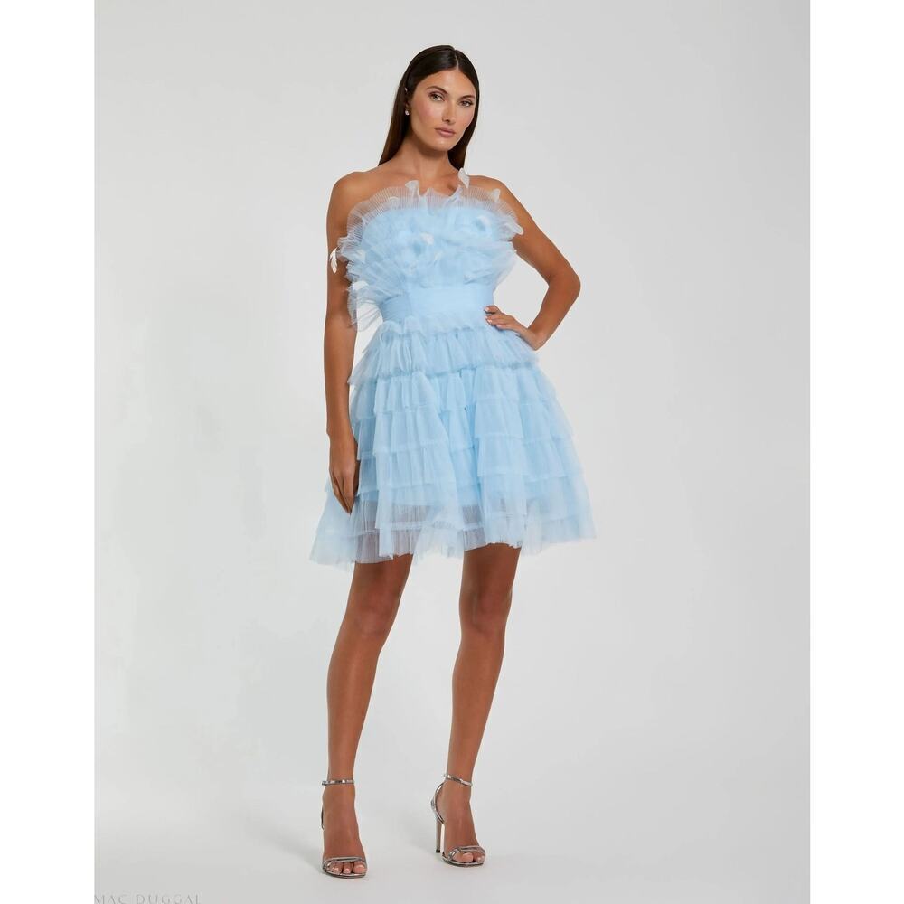 Mac Duggal Blue Feathered Strapless Tulle Fit & Flare Formal Mini Dress 8 NWT